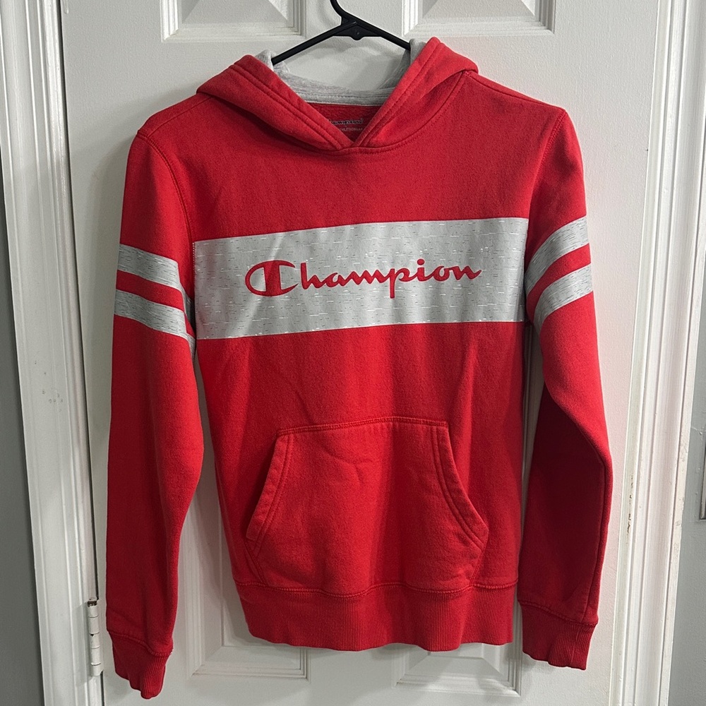 Champion Red Hoodie with Silver Accents